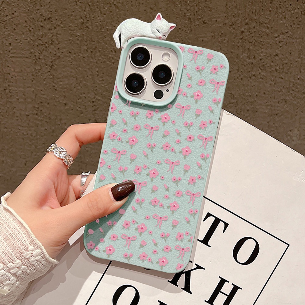 Plants X - เคสโทรศัพท์หนังลายแมวน่ารัก 3D พร้อมโบว์ดอกไม้สุดน่ารัก สำหรับ iPhone 15