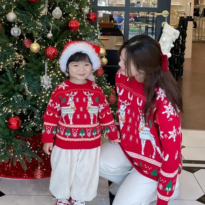The Plant Parent - ครอบครัวคริสต์มาส Reindeer Tree เสื้อกันหนาวเด็กสีแดงถักจัมเปอร์พ่อแม่และลูกสาวเดียวกันเสื้อผ้า Tops